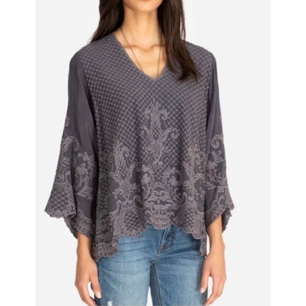 NWOT Johnny Was Women's Gray Embroidered Sliky Boho Blouse Top Women's Small